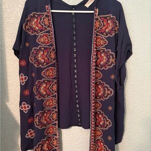 Altr’d State Embroidered Navy Open-Front Women’s Top Capped Sleeve